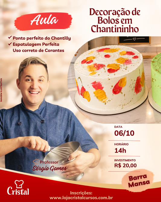 06/10 – Aula: Decoração de Bolos em Chantininho – Barra Mansa – Prof. Sérgio Gomes 🎂✨